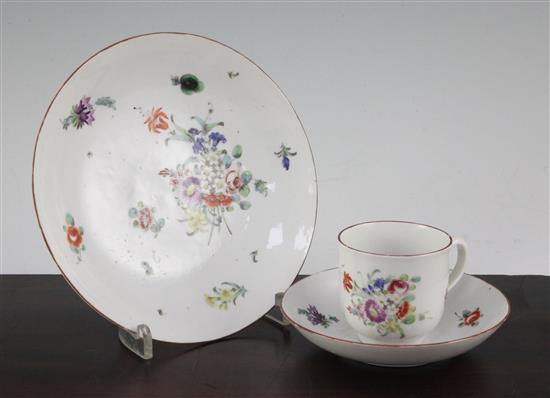 A Champions Bristol porcelain coffee cup and saucer and a similar saucer dish, c.1775, 18.5cm.